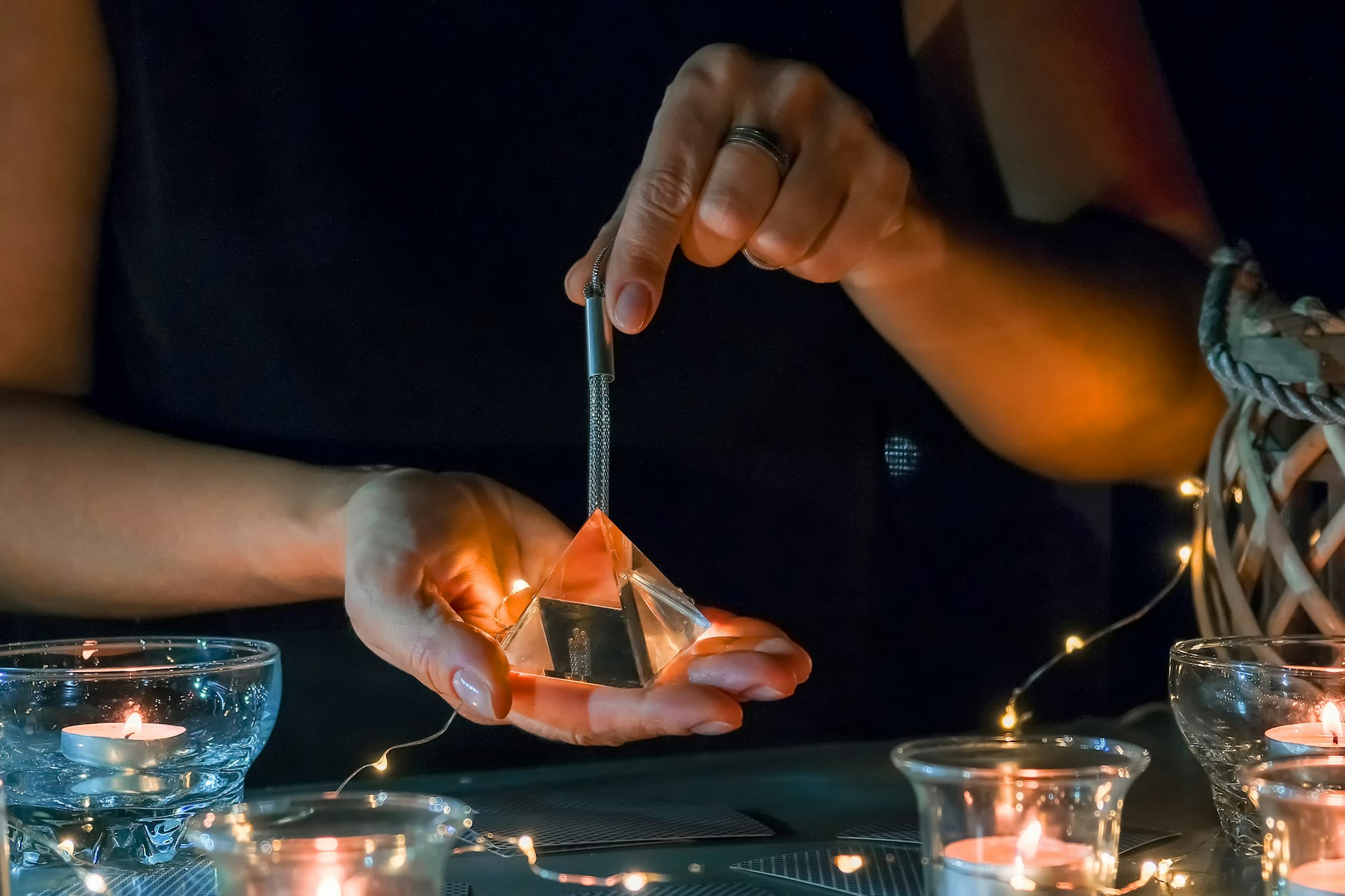 Tarot cards, Fortune telling on tarot cards at night by candlelight, magic crystal, occultism,